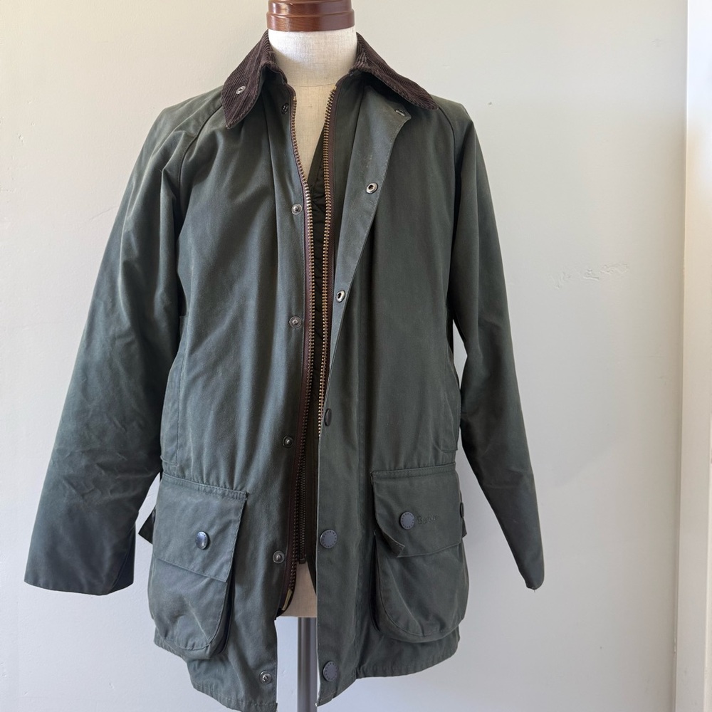 Barbour sage green Beaufort waxed cotton jacket and liner, size 34/XS